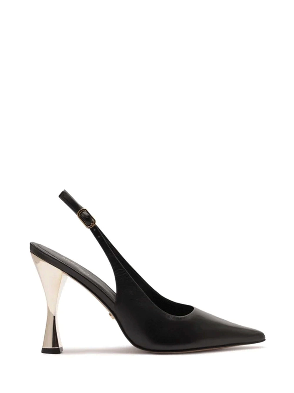 Black Leather Court Shoe with Metal Heel