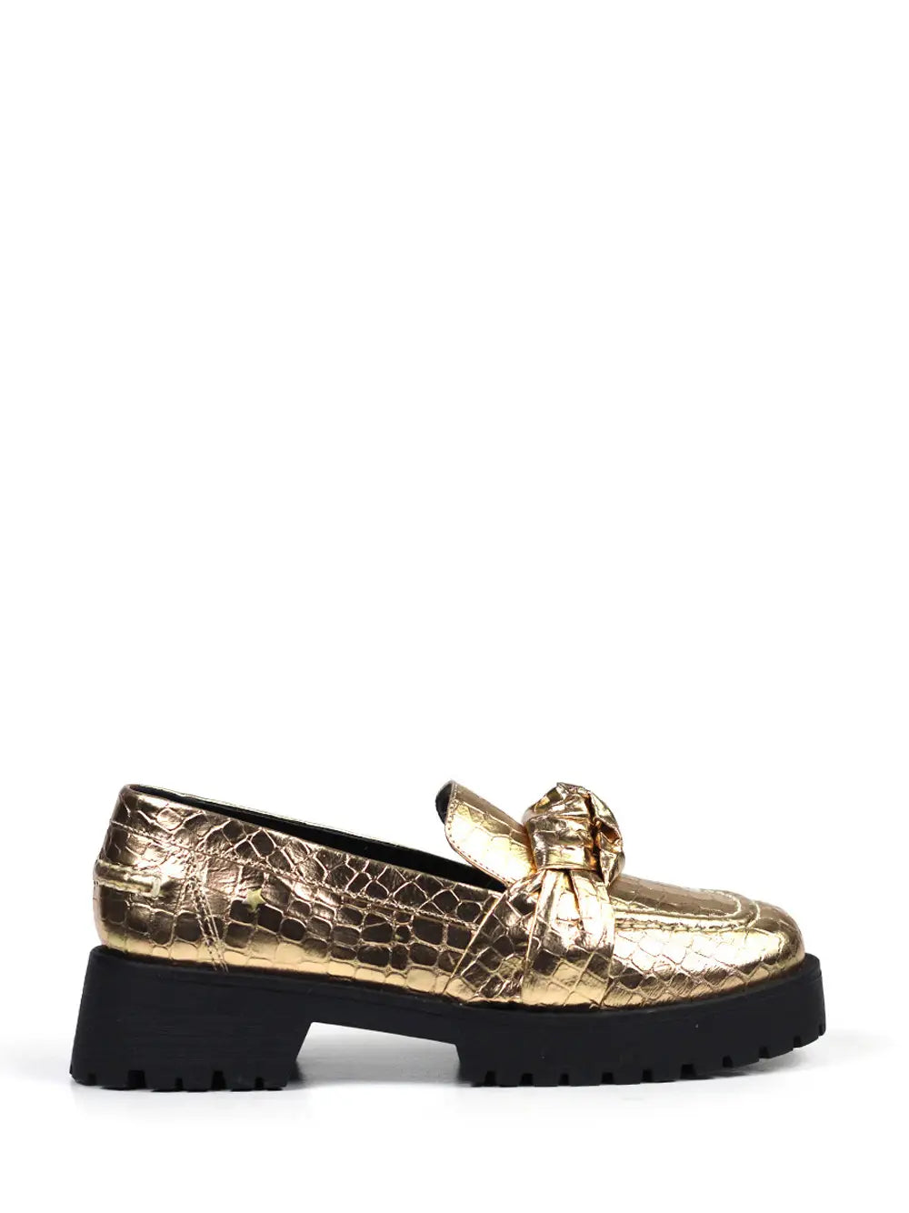 Gold Leather Loafers with Croc Effect and Cleated Sole