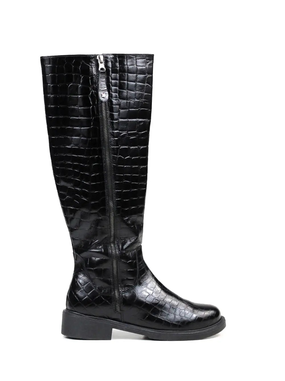 Bota Preta em Pele com Efeito Croco e Cano Alto