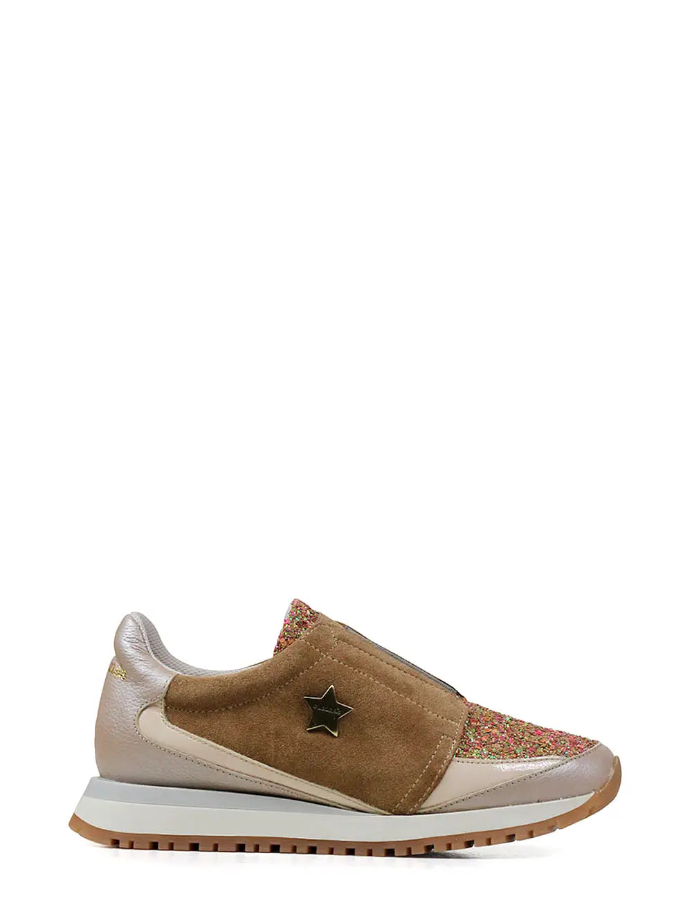 Ténis em Pele Beige com Camurça Camel e Glitter