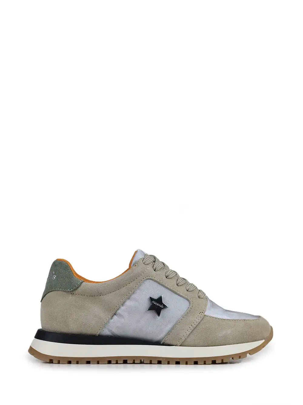 White Fabric and Beige Suede Trainers
