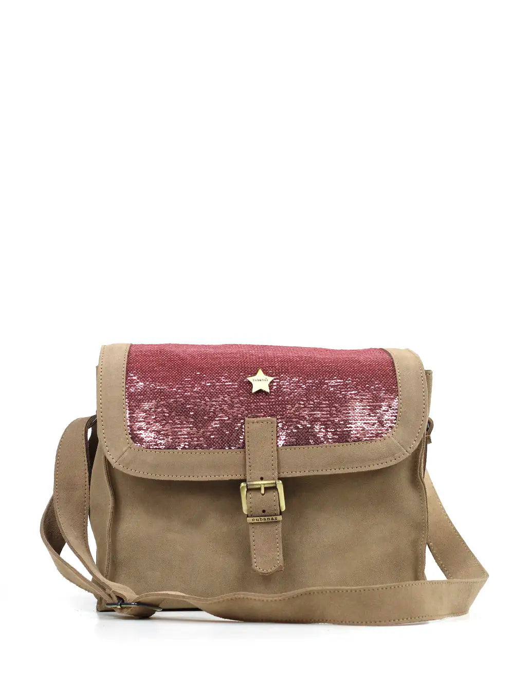 Mala em Camurça Beige e Glitter Rosa
