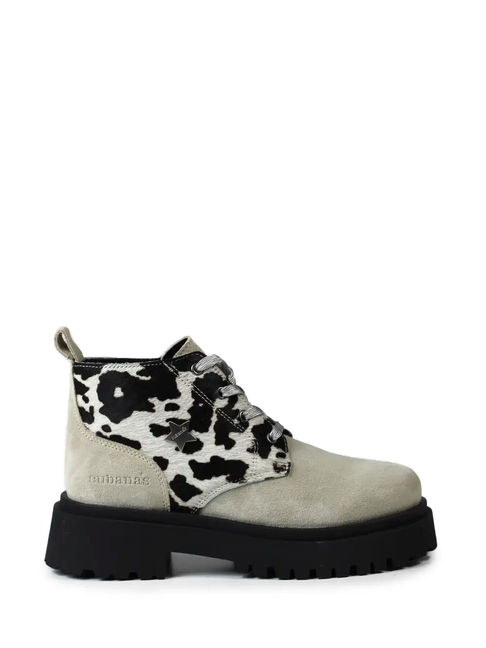 Bota em Camurça Beige e Animal Print de Vaca