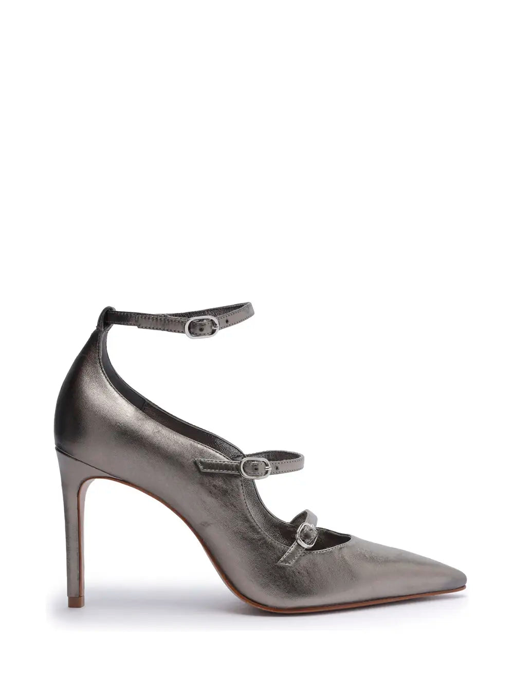 Scarpin Schutz em Pele Prata e Tiras