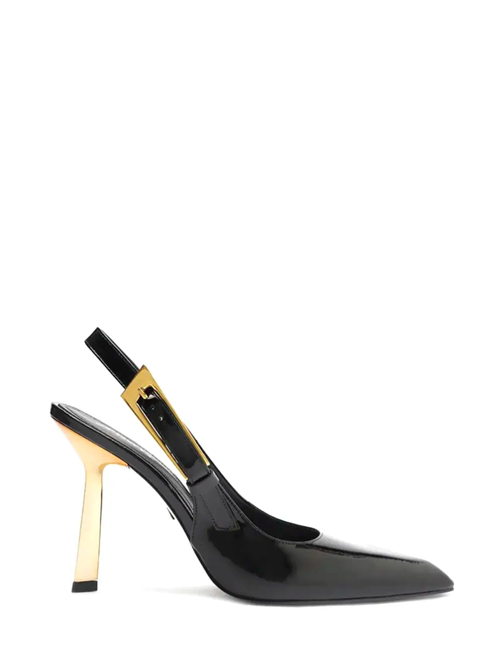 Scarpin Preto Schutz em Pele e Salto Alto Dourado