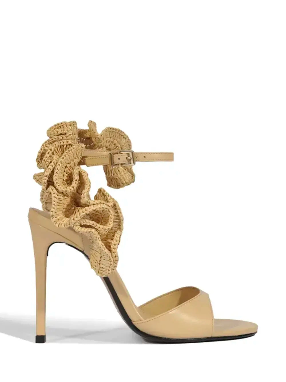 Sandália Schutz em Pele Beige com Ráfia e Salto Fino