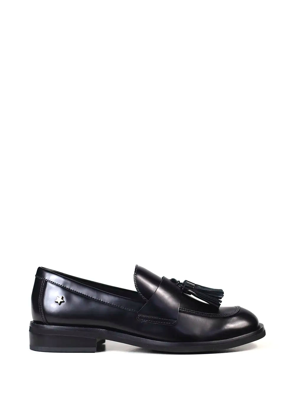 Black Leather Loafer with Fringe Detail