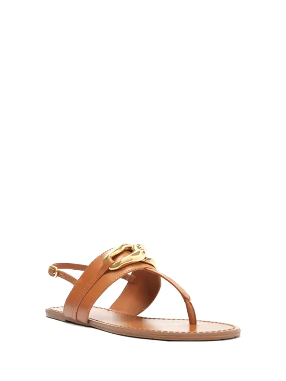 Sandália Arezzo em Pele Camel e Pormenor em Dourado