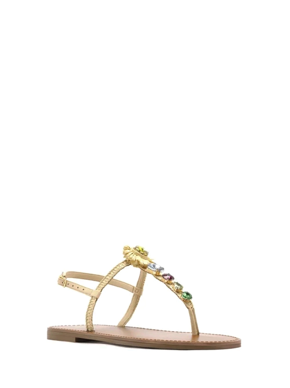 Sandália Rasa Beige Ráfia Pedrarias Flores