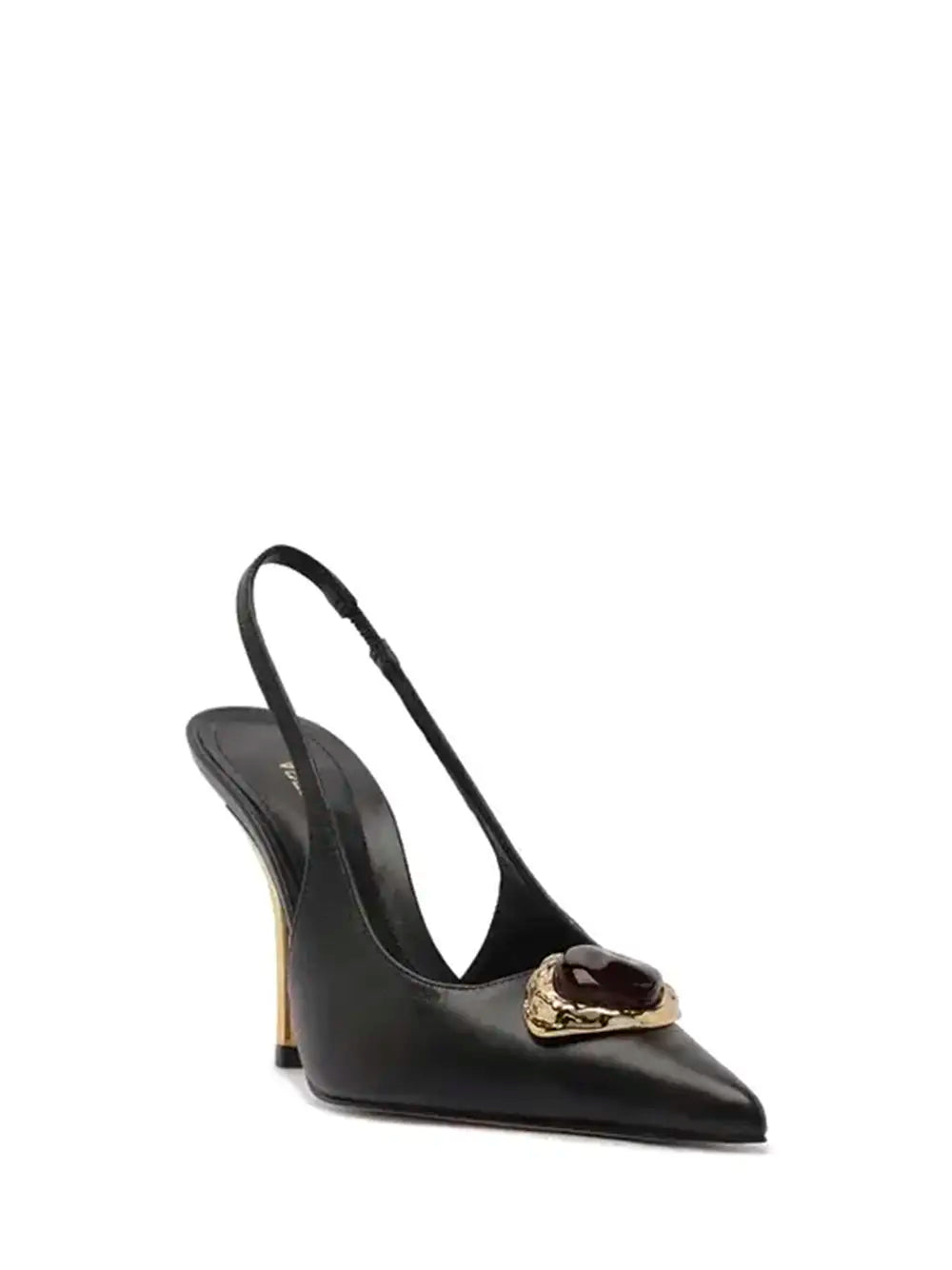 Black Leather Pointed Toe Pump with Stone Detail