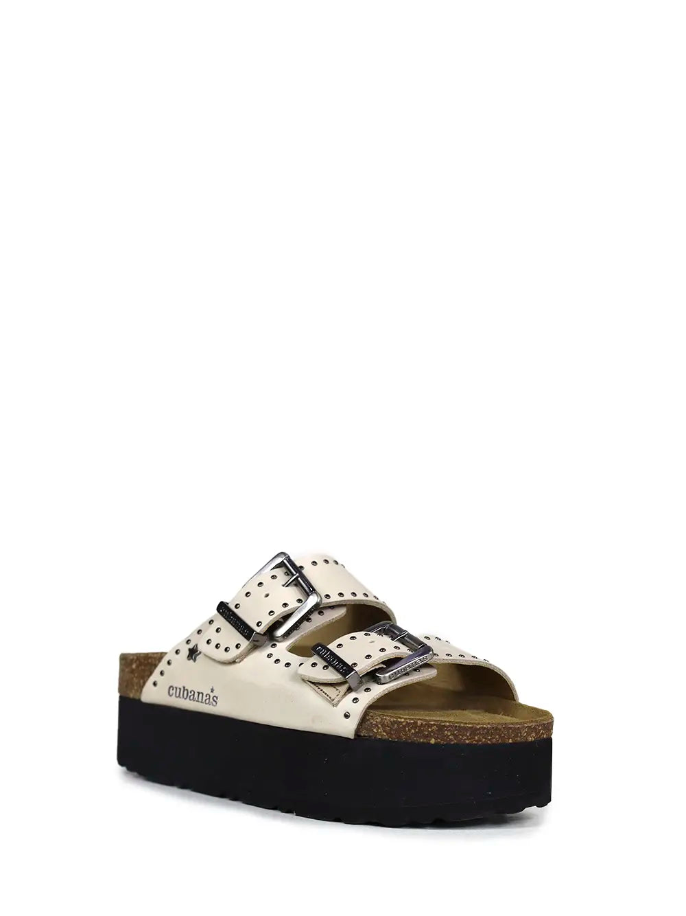 Sandália Amália Plataforma em Pele Off-White e Tachas