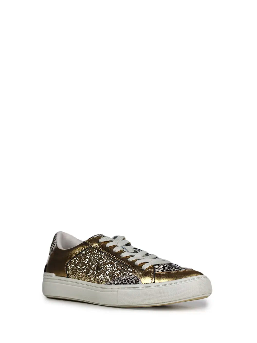 Ténis em Pele Dourada e Pelo Animal Print