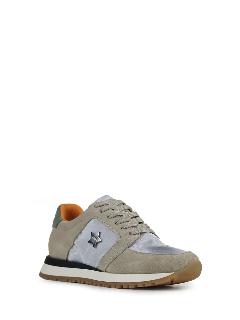 White Fabric and Beige Suede Trainers