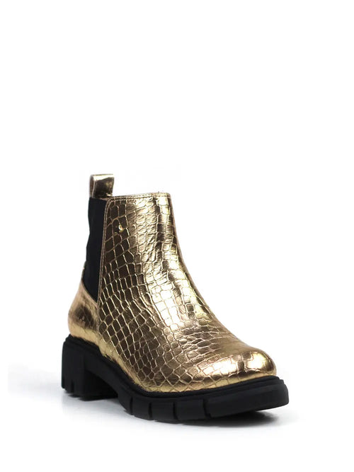 Bota em Pele Dourada com Efeito Croco