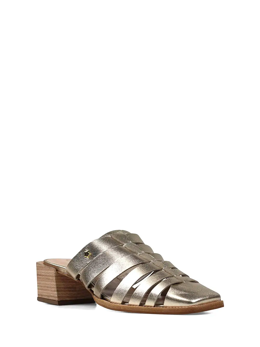 Gold Leather Mule with Straps and Block Heel