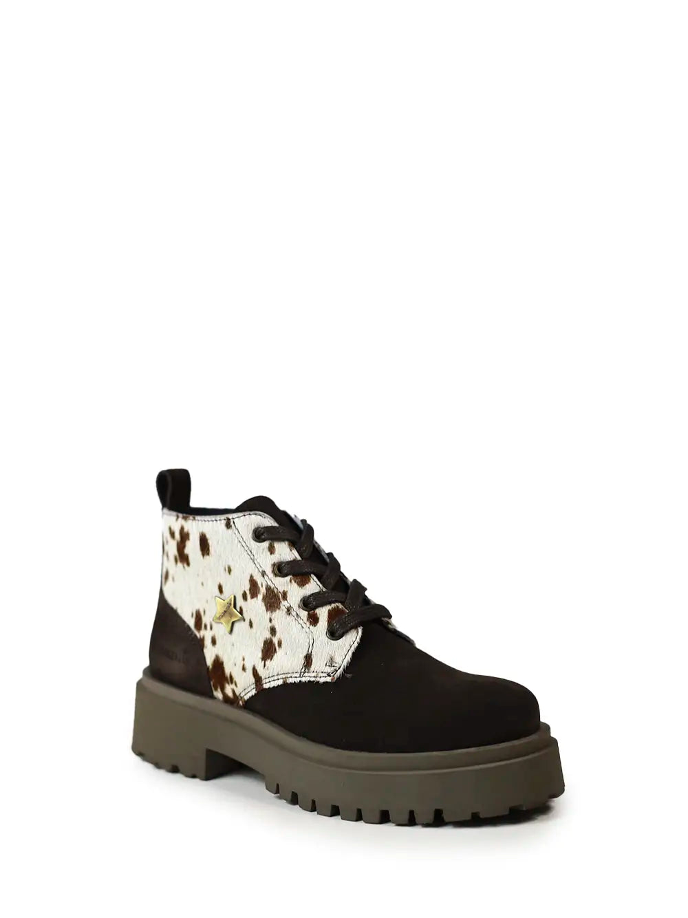 Bota em Camurça Castanha e Animal Print de Vaca