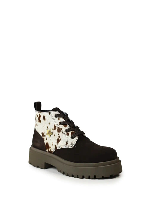 Bota em Camurça Castanha e Animal Print de Vaca