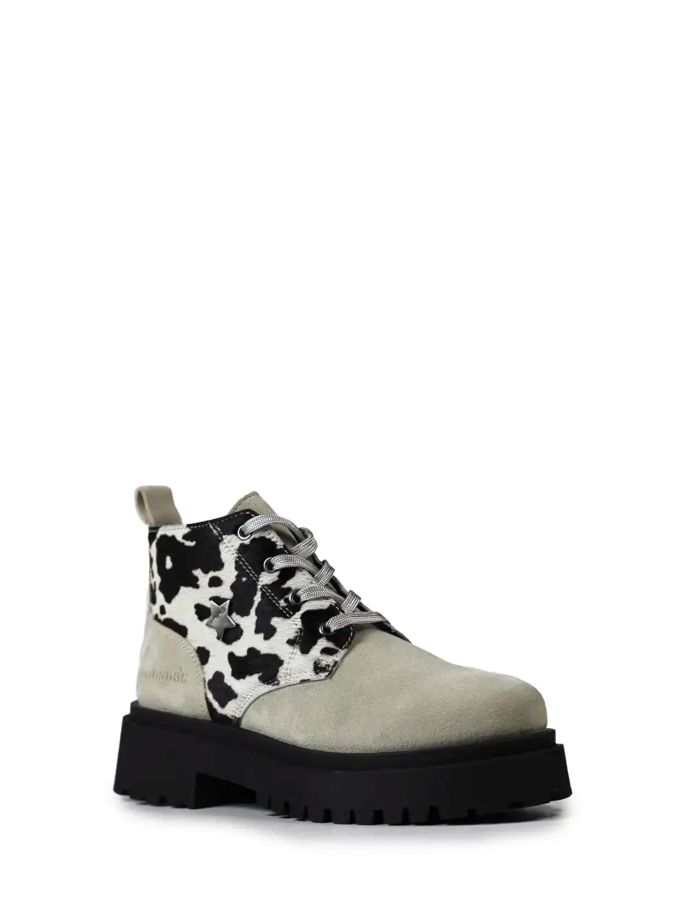 Bota em Camurça Beige e Animal Print de Vaca