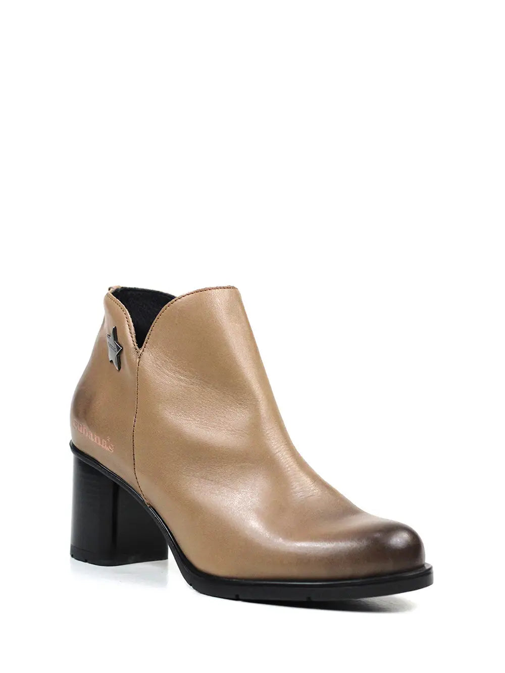 Bota Beige em Pele com Salto Alto em Bloco
