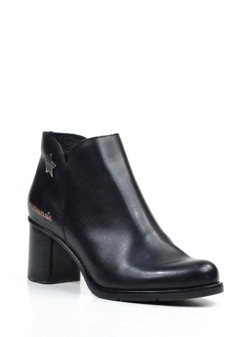 Black Leather Block Heel Boots