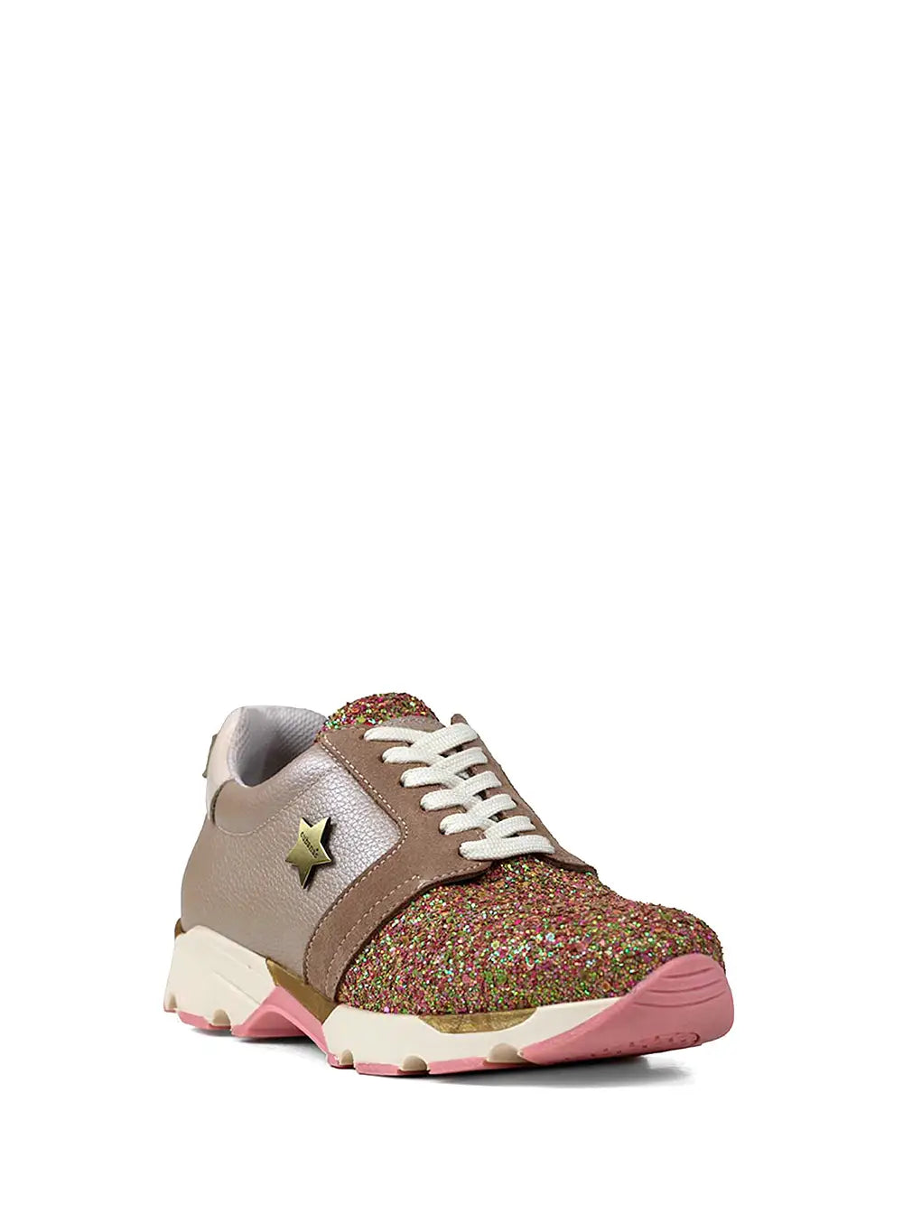 Ténis em Pele Beige Metalizada e Pormenor em Glitter
