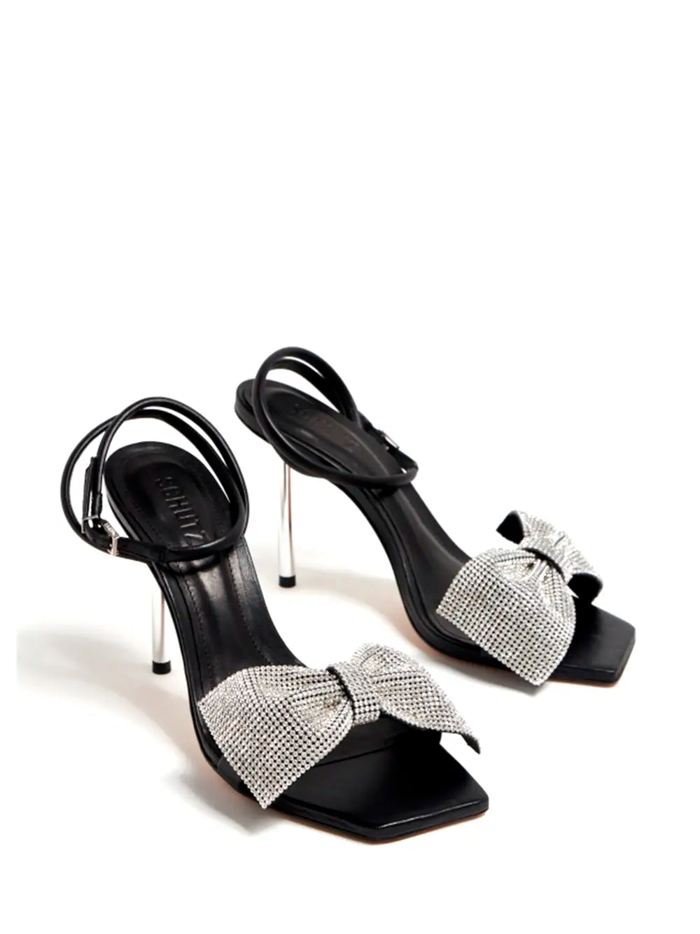 Schutz Black Leather Sandals with Bow and Metal Heel