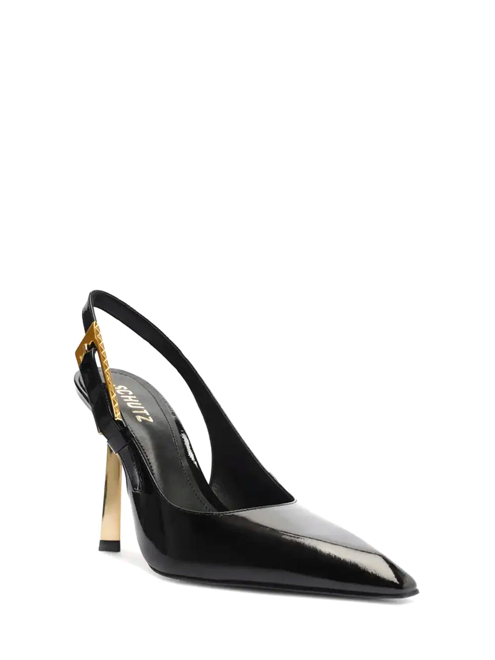 Scarpin Preto Schutz em Pele e Salto Alto Dourado