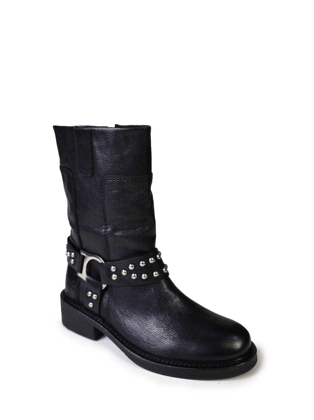 Bota Preta em Pele com Tachas e Cano Alto