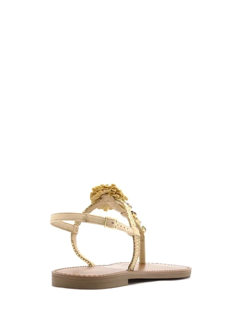 Sandália Rasa Beige Ráfia Pedrarias Flores
