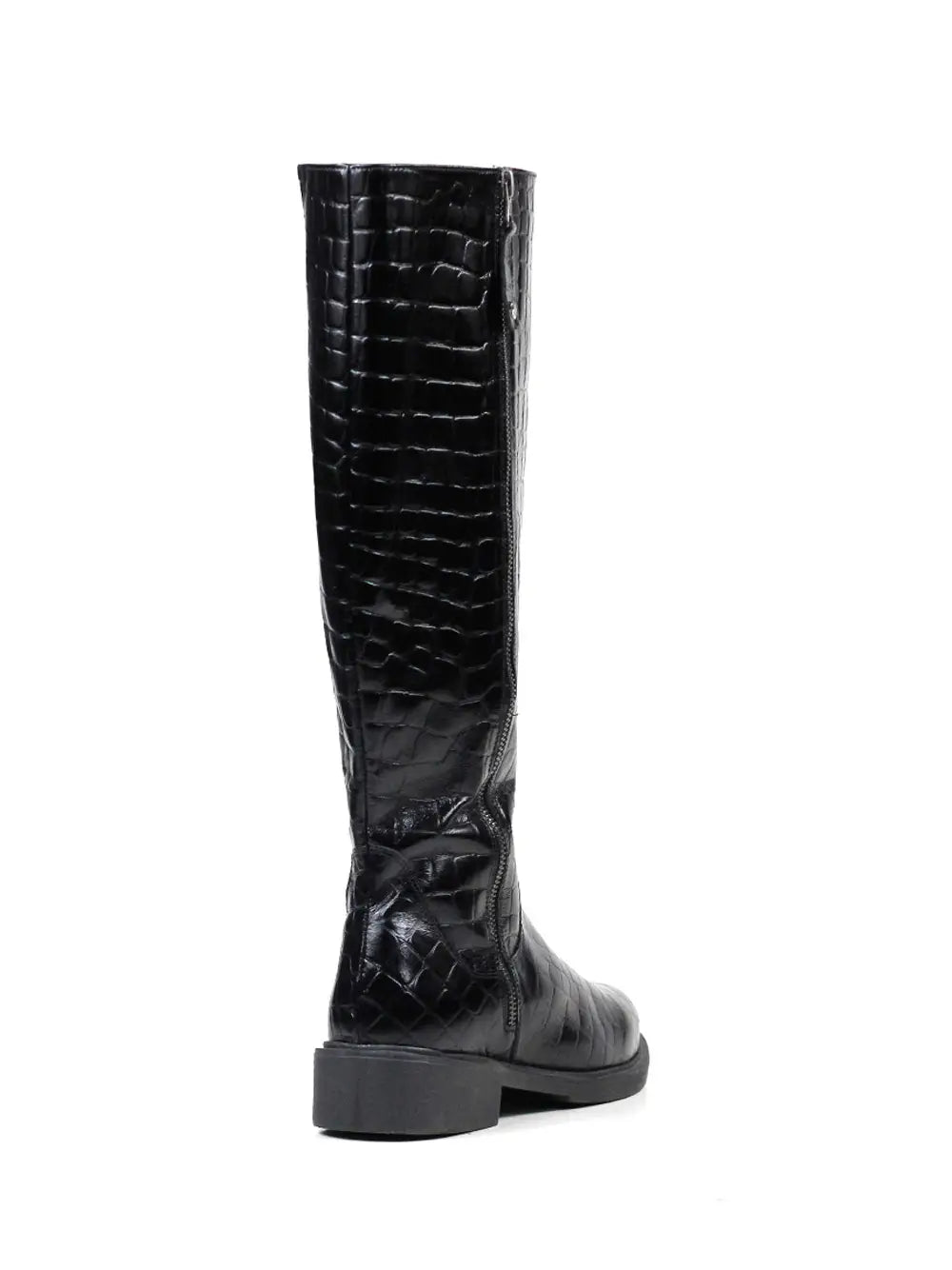 Bota Preta em Pele com Efeito Croco e Cano Alto