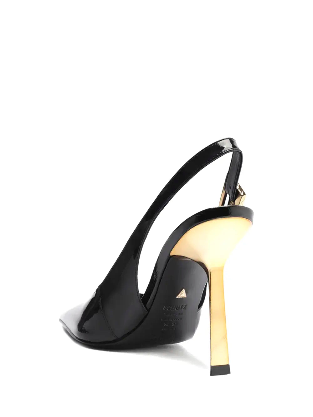 Scarpin Preto Schutz em Pele e Salto Alto Dourado