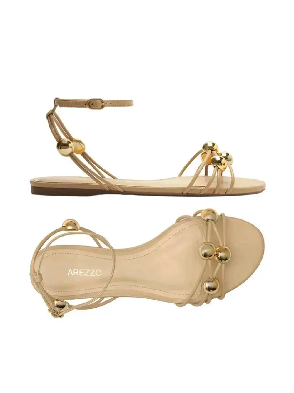 Sandália em Pele Beige e Tiras com Esferas