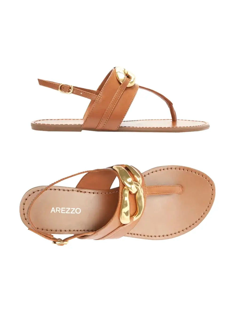 Sandália Arezzo em Pele Camel e Pormenor em Dourado