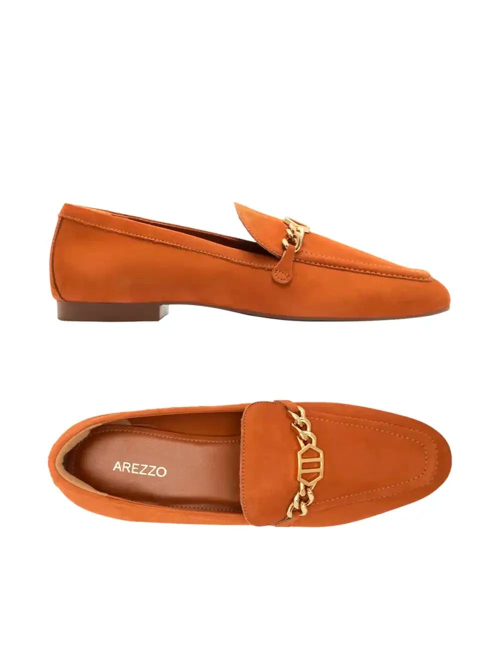 Loafer Arezzo em Camurça Castanha e Pormenor em Dourado