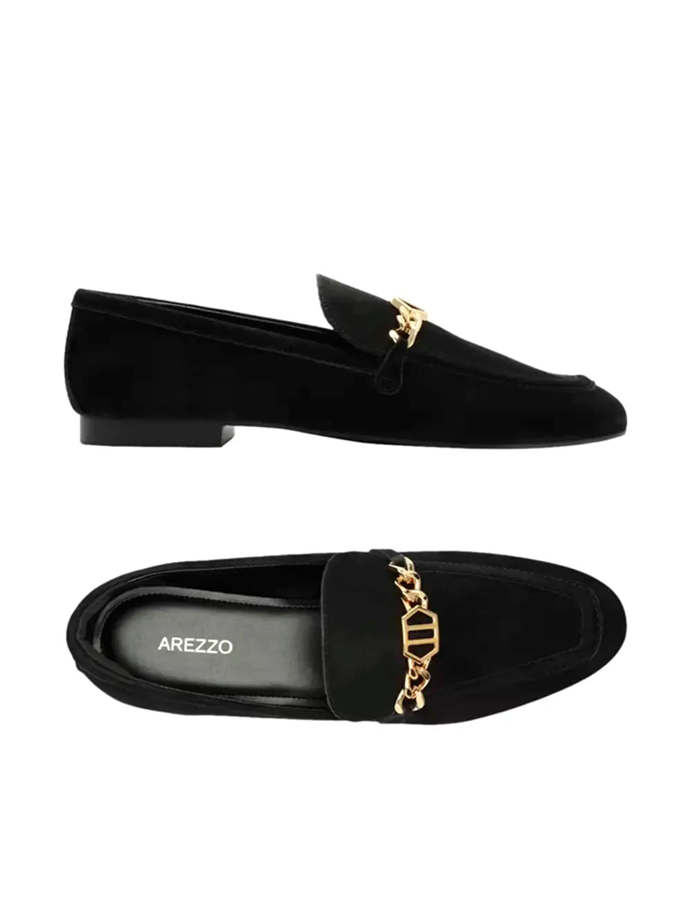 Arezzo Black Suede Loafers with Gold Detailing