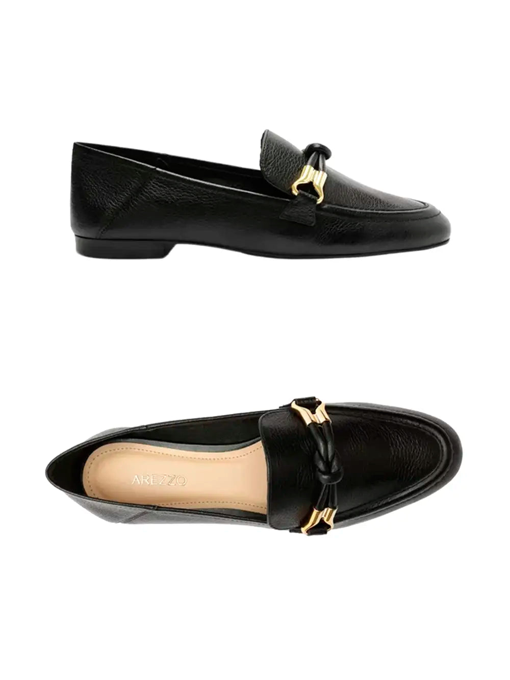 Arezzo Black Leather Loafers with Gold Detailing