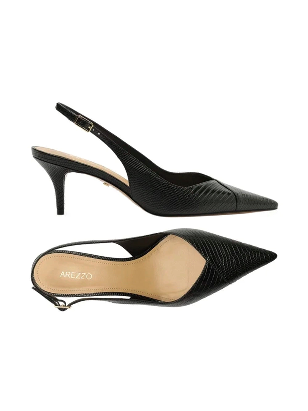 Scarpin Preto em Pele Salto Kitten Slingback