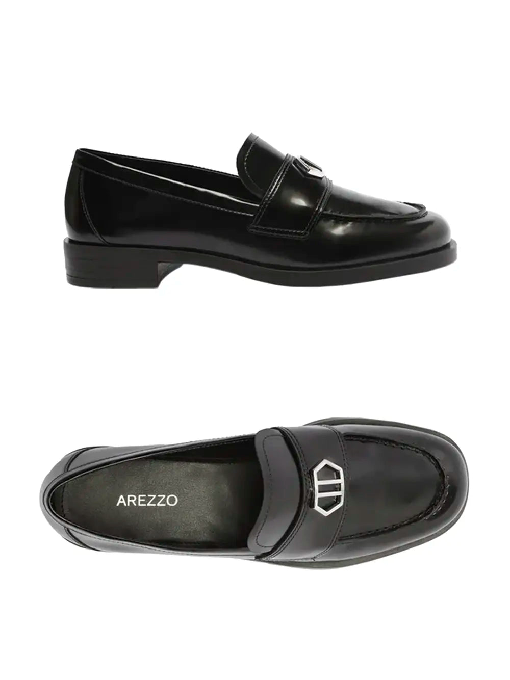 Loafer Arezzo Preto em Pele e Pormenor Prata