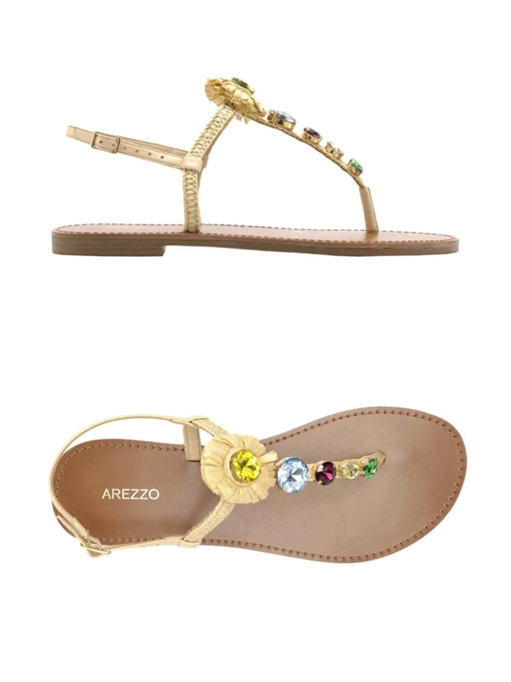 Sandália Rasa Beige Ráfia Pedrarias Flores