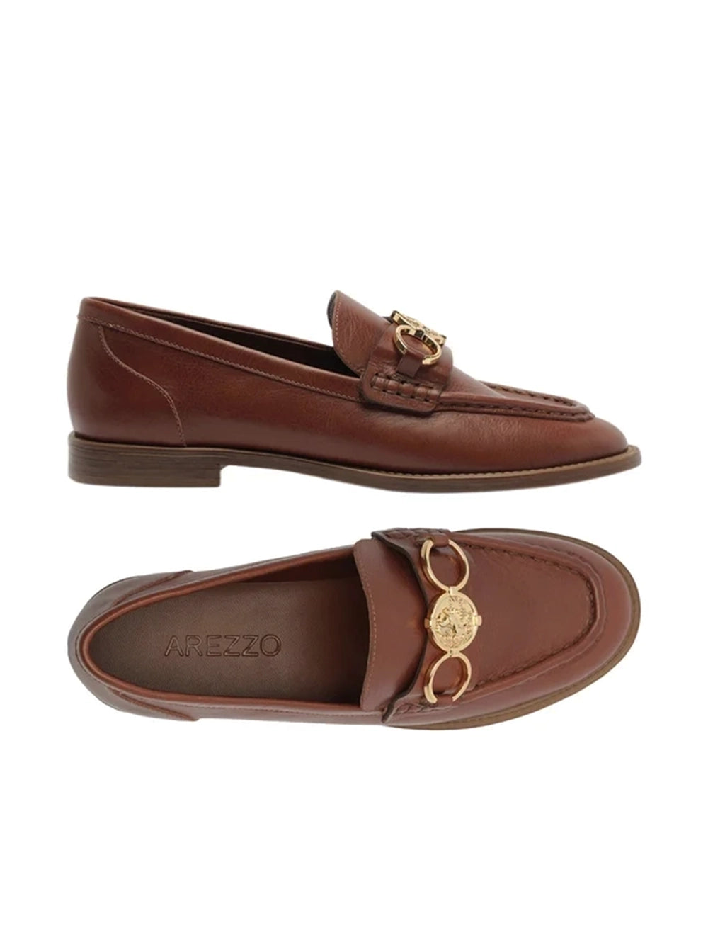 Loafer Arezzo em Pele Castanha e Metal