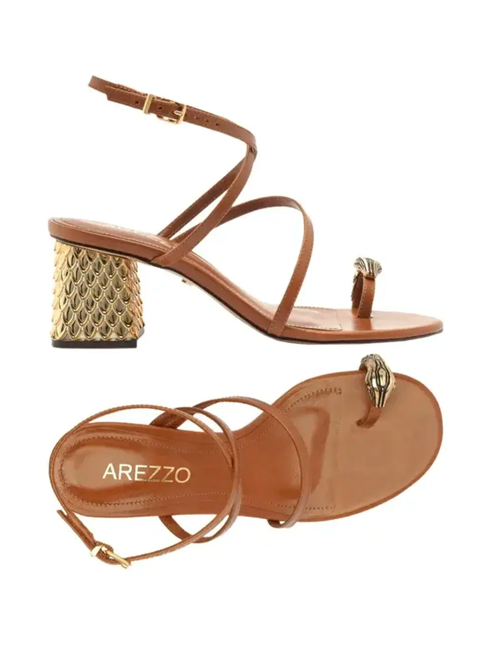 Sandália Arezzo em Pele Camel e Tiras com Metal
