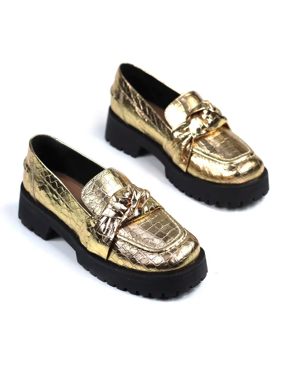 Gold Leather Loafers with Croc Effect and Cleated Sole