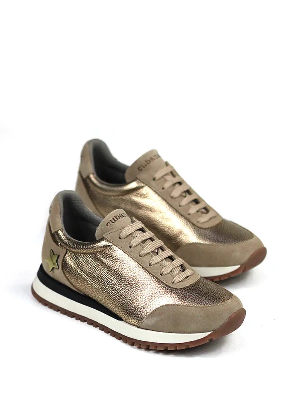 Gold Leather and Beige Suede Trainers
