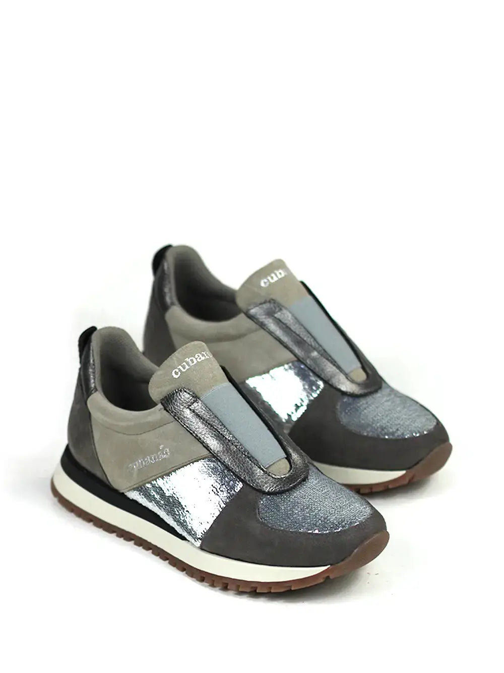 Grey Suede and Silver Glitter Trainers