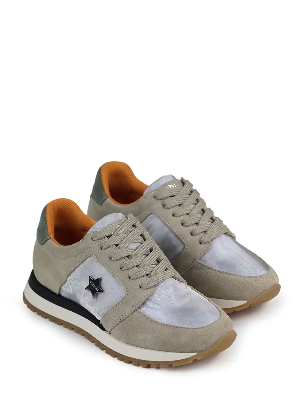White Fabric and Beige Suede Trainers