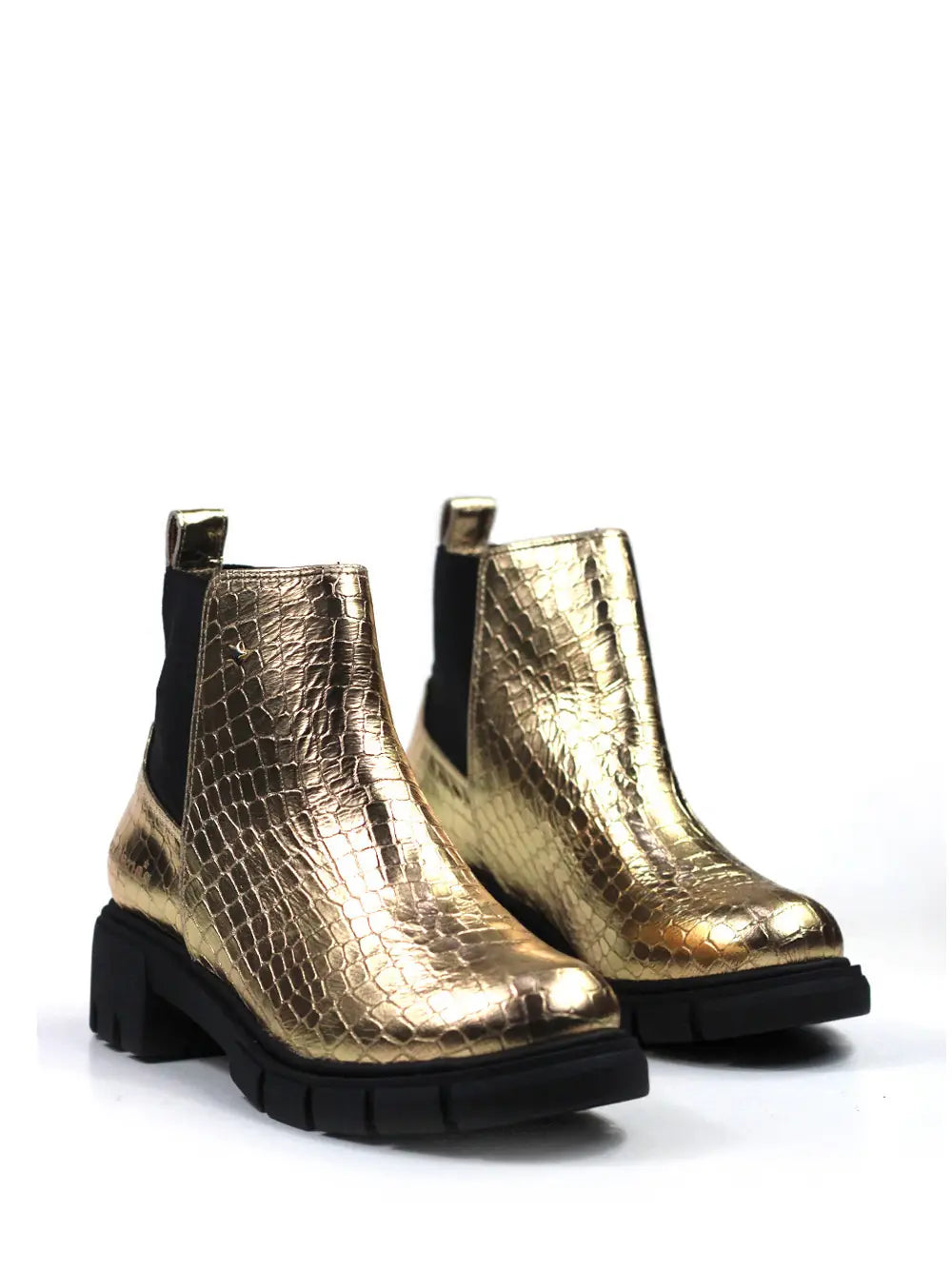 Bota em Pele Dourada com Efeito Croco