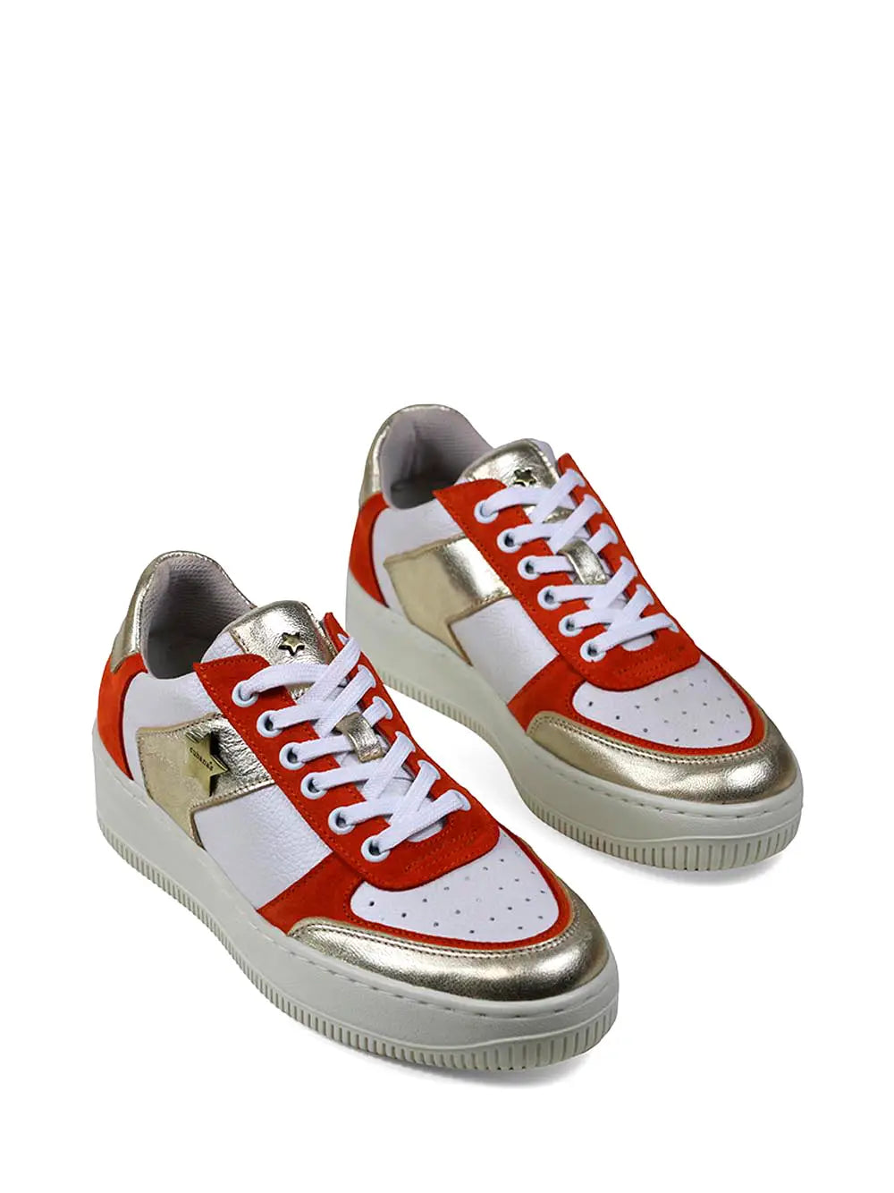 Orange and White Leather Trainers with Flat Sole