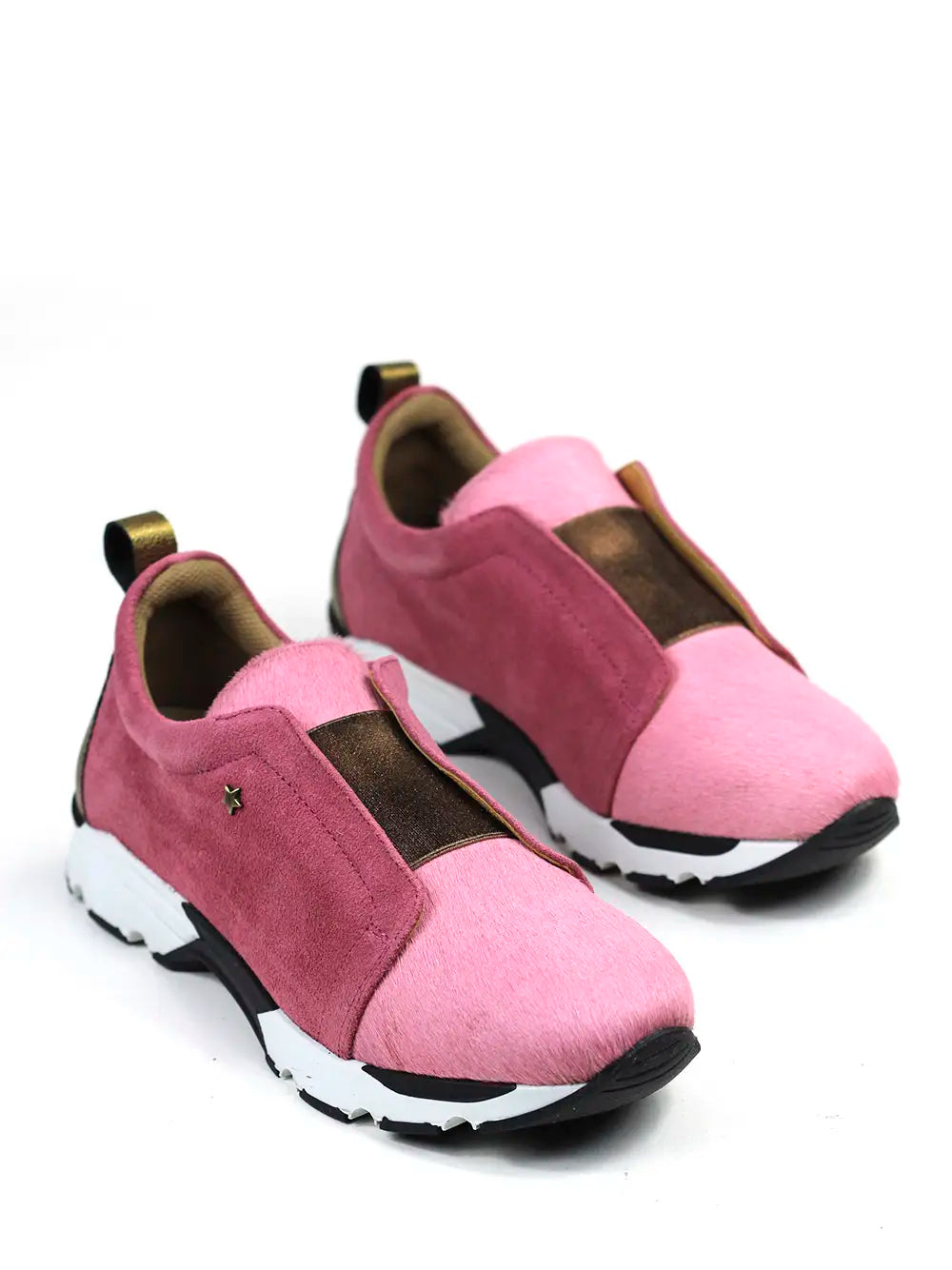 Pink Suede Trainers with Gold Metallic Elastic
