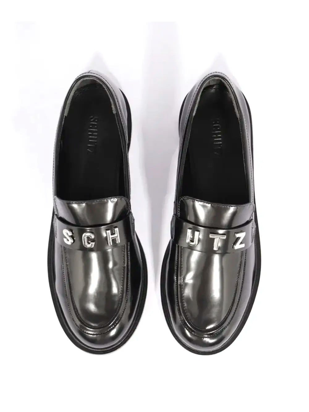 Schutz Black Leather Loafer with Silver Detail