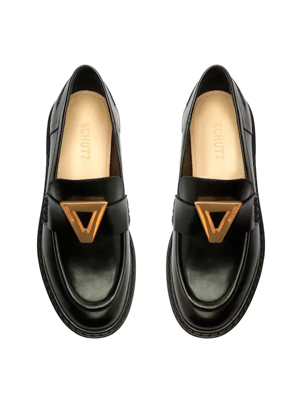 Black Schutz Leather Loafers with Gold Detail